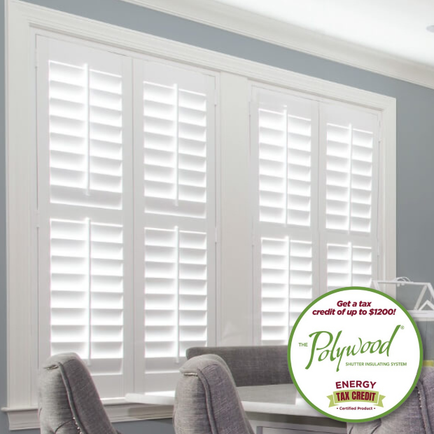 White Polywood shutters within a big kitchen