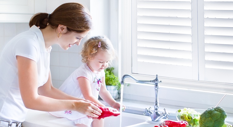 Child-friendly plantation shutters in Charlotte kitchen.