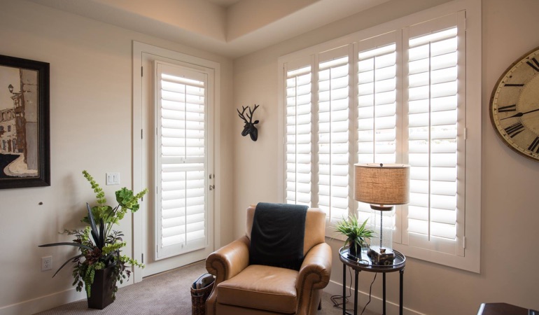 Polywood® plantation shutters resists cracking, staining, or warping.  Plantation shutters in a corner